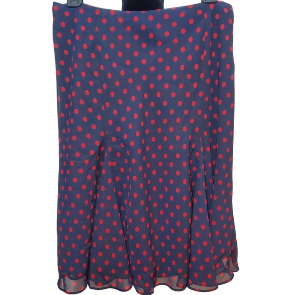 Chaps | Midi skirt solid lined sheer flare navy blue red polka dots size S - Picture 2 of 8